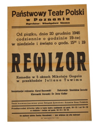 Rewizor Mikołaj Gogol Państwowy Teatr Polski, Poznań [Afisz teatralny / 1946]