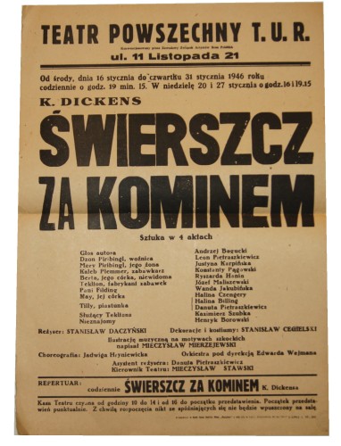 Świerszcz za kominem K. Dickens Teatr Powszechny, Łódź [Afisz teatralny / 1946]