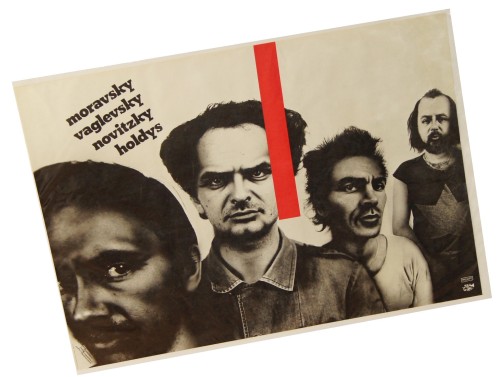 Plakat muzyczny Moravsky Vaglevsky Novitzky Holdys [Morawski Waglewski Nowicki Hołdys (MWNH)] Fot. Antoni Zdebiak Projekt Wojciech Grzymała [1984]