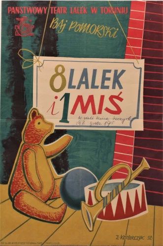 Plakat teatralny 8 lalek i miś Państwowy Teatr Lalek w Toruniu Projekt Z. Kotlarczyk (1952)