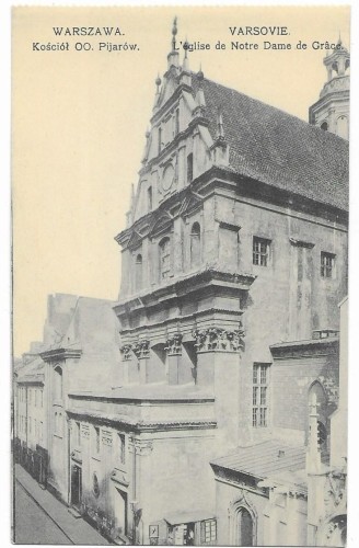 Kościół OO. Pijarów Warszawa Chlebowski i S-ka [pocztówka, ca 1910]