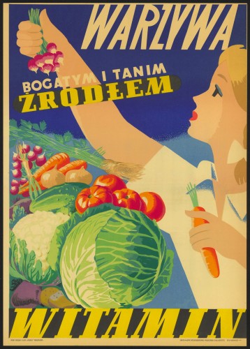 Plakat społeczny Warzywa bogatym i taniem źródłem witamin Projekt Adam Bowbelski [1955-REPRINT-2023]