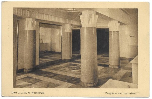 Warszawa [Dom Kolejarza] Dom Związku Zaw. Pracowników Kolejowych Rzeczypospolitej Fragment sali teatralnej [pocztówka lata 30.]