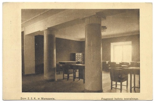 Warszawa [Dom Kolejarza] Dom Związku Zaw. Pracowników Kolejowych Rzeczypospolitej Fragment bufetu teatralnego [pocztówka lata 30.]