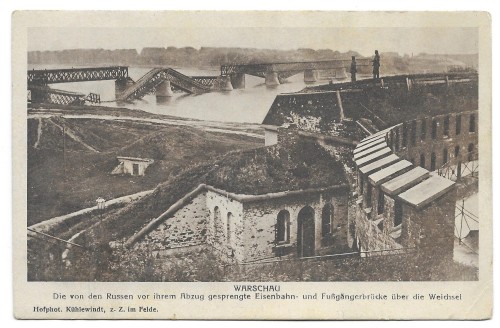 Warszawa. Wysadzony most kolejowy na Wiśle przed wycofaniem się Rosjan [pocztówka przed 1918]