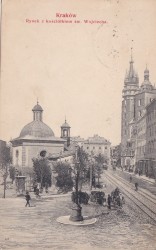 Kraków Rynek z kościółkiem św. Wojciecha [pocztówka / 1909]