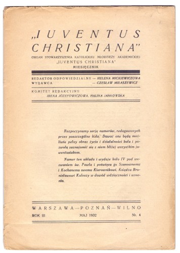Iuventus Christiana Miesięcznik Maj 1932 Nr 4 Rok 1932