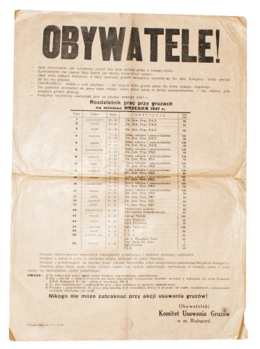 Obywatele / Rozdzielnik prac przy gruzach na miesiąc wrzesień 1947 r. / Obywatelski Komitet Usuwania Gruzów w m. Białogard [Apel / Odezwa] (1947)
