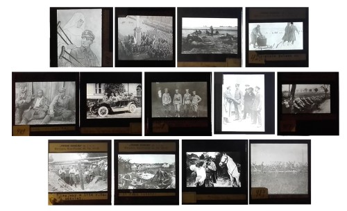 Zestaw 13 czarno-białych diapozytywów (przeźroczy) edukacyjnych z serii Historia Polski / Legiony Polskie 1914 - 1918 (płytki szklane) / ca. 1930