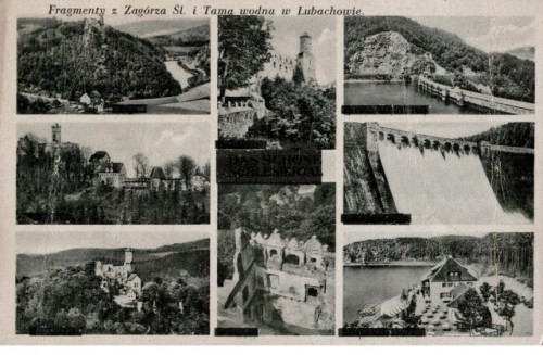 Fragmenty z Zagórza Śląskiego i Tama wodna w Lubachowie (pocztówka po 1945)