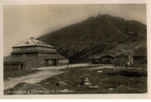 Riesengebirge Schneekoppe mit Schlesierhaus (pocztówka przed 1945 Karkonosze)