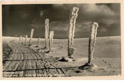 Riesengebirge Kammweg mit vereisten Markierungsstangen (pocztówka przed 1945 Karkonosze)