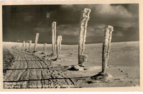 Riesengebirge Kammweg mit vereisten Markierungsstangen (pocztówka przed 1945 Karkonosze)