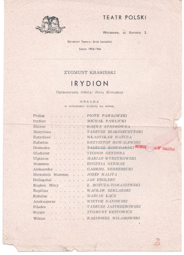 Irydion Krasicki Zygmunt Program teatralny Teatr Polski Sezon 1965 1966 (4 lutego 1966)