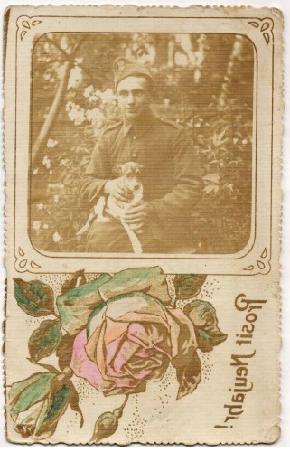 Portret polskiego żołnierza z psem - guzikowa kurtka mundurowa wz. 19, na głowie furażerka sukienna wz. 23​ z orłem Fotografia na papierze pocztówkowym [1927-39]