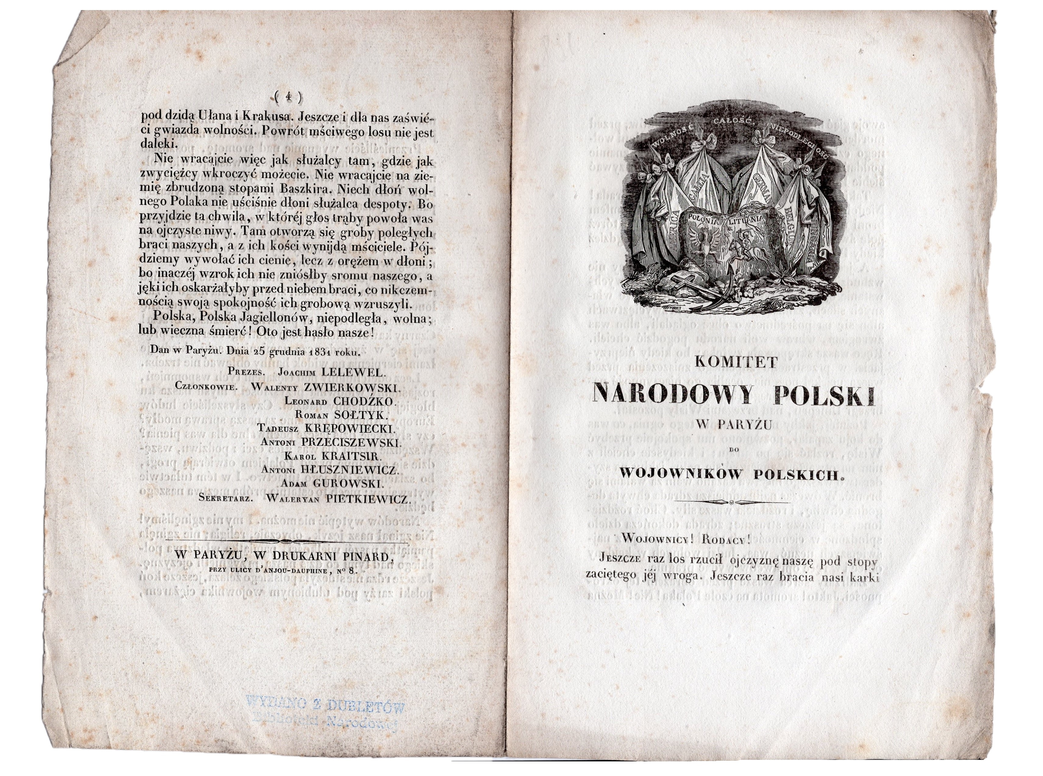 Komitet Narodowy Polski w Paryżu do Wojowników Polskich 1831
